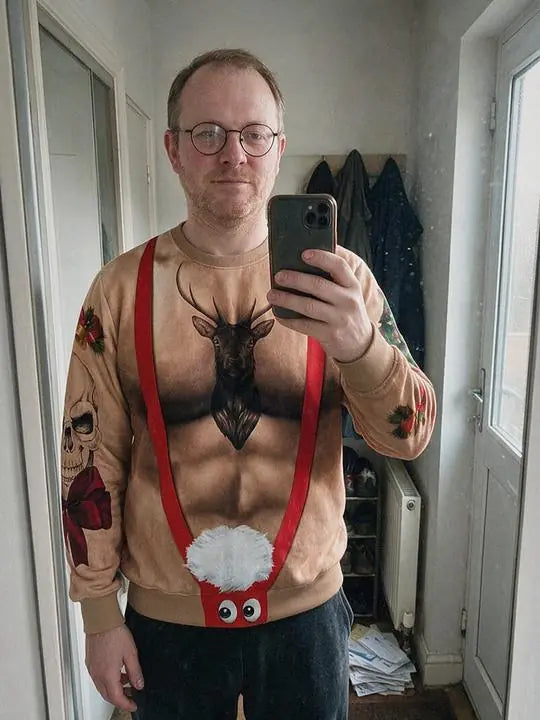 No. 2 Reindeer Games in a hallway mirror selfie, glasses on.